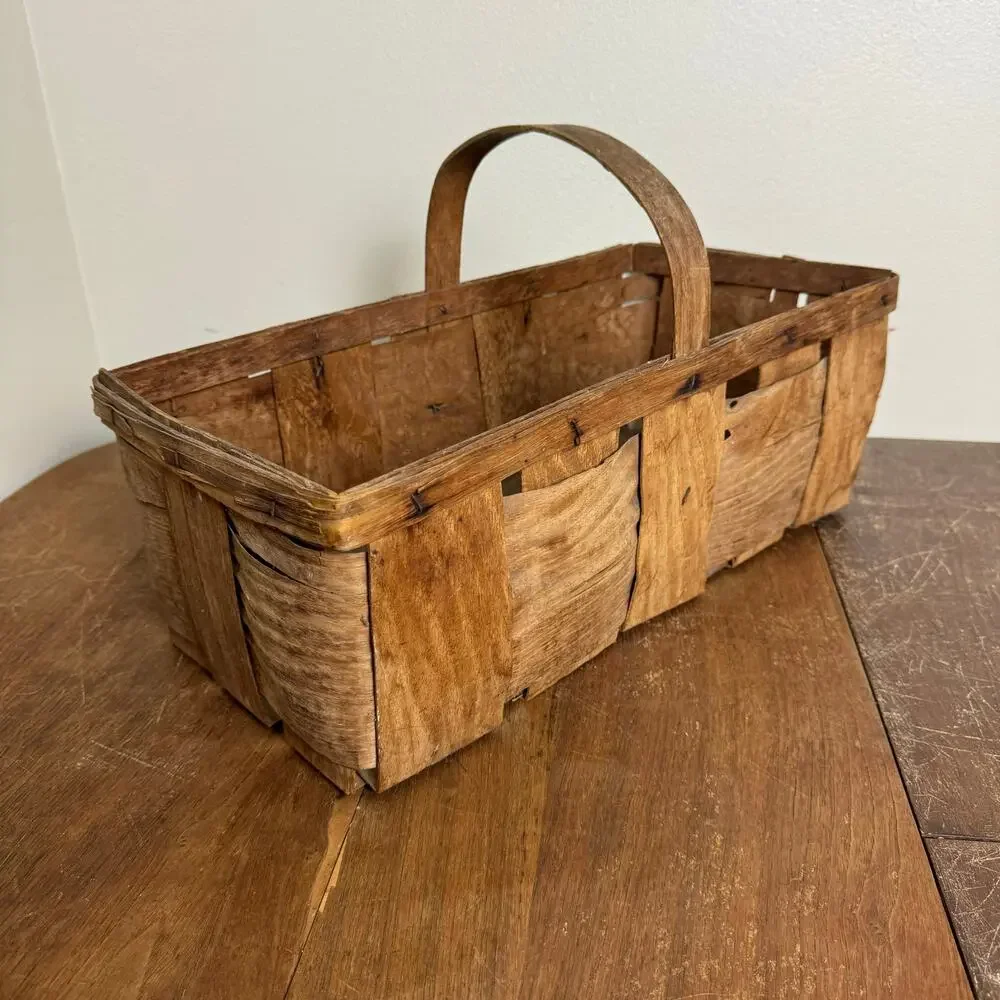Vintage Primitive Woven Splint Wood Harvest Basket with‎ Fixed Handle Brown